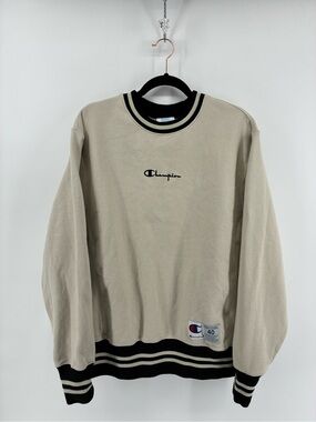 Champion Reverse Weave Men's Beige Crewneck Sweater with Black Trim